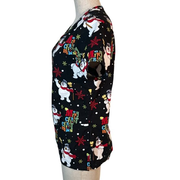 Frosty The Snowman Christmas Scrub Top Size XS 100% Cotton Black Short Sleeve - Picture 5 of 6